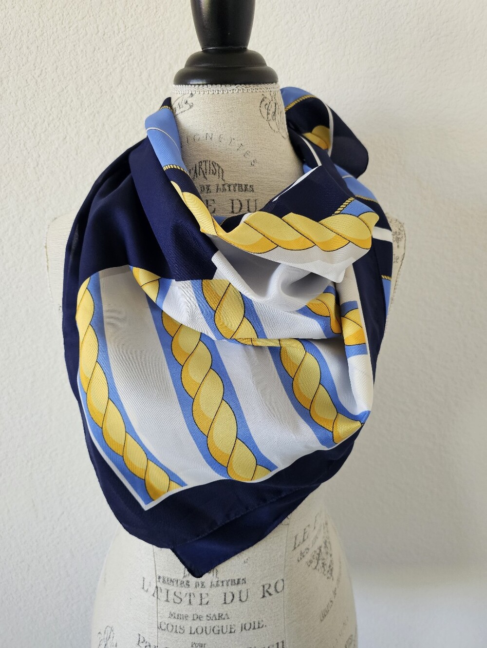 Vintage Nautical Square Scarf Gold Rope Link Navy Blue Sky Blue White 31x31​